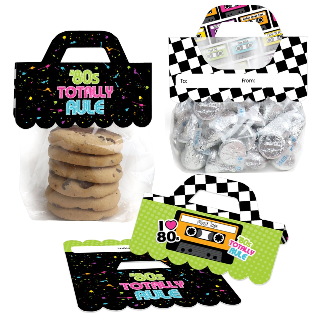 Big Dot of Happiness 80's Retro DIY Totally 1980s Party Clear Goodie Favor Bag Labels Candy Bags with Toppers Set of 24